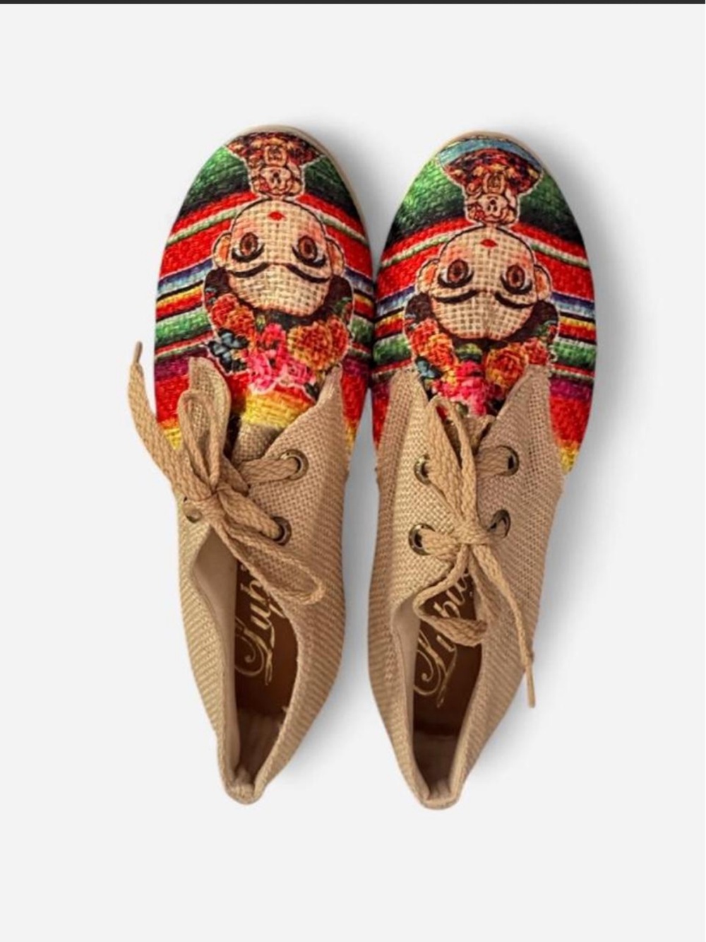 Beige Woven Lace-Up Flats with Colorful Folk Art Toecap